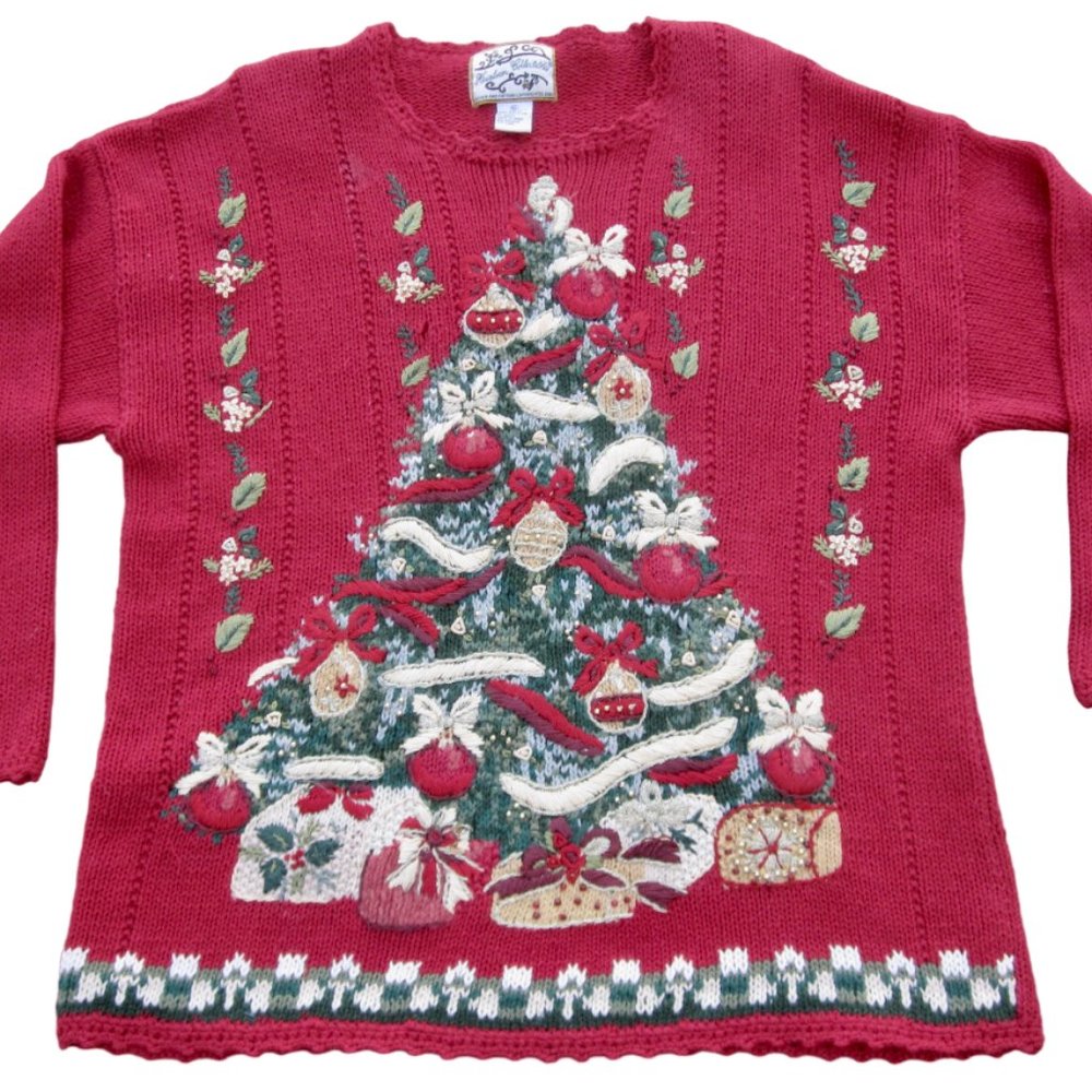 VTG Ugly Red Christmas Sweater Embroidered Tree Womens XL Heirloom Collectibles